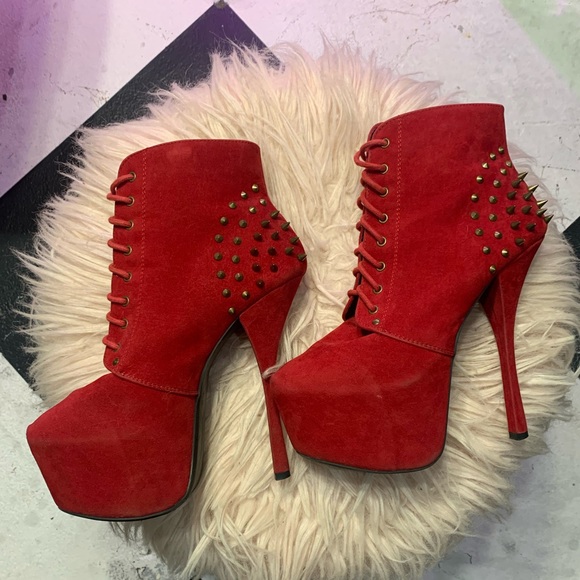 SUEDE SPIKE STUDDED STILETTOS PLATFORM BOOTIES - Picture 6 of 8